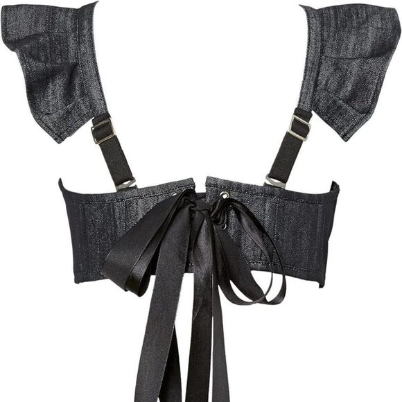 🆕️ Lavish XL Daisy Corsets black gray ruffled Denim Bustier shirt bra crop top - Picture 3 of 4